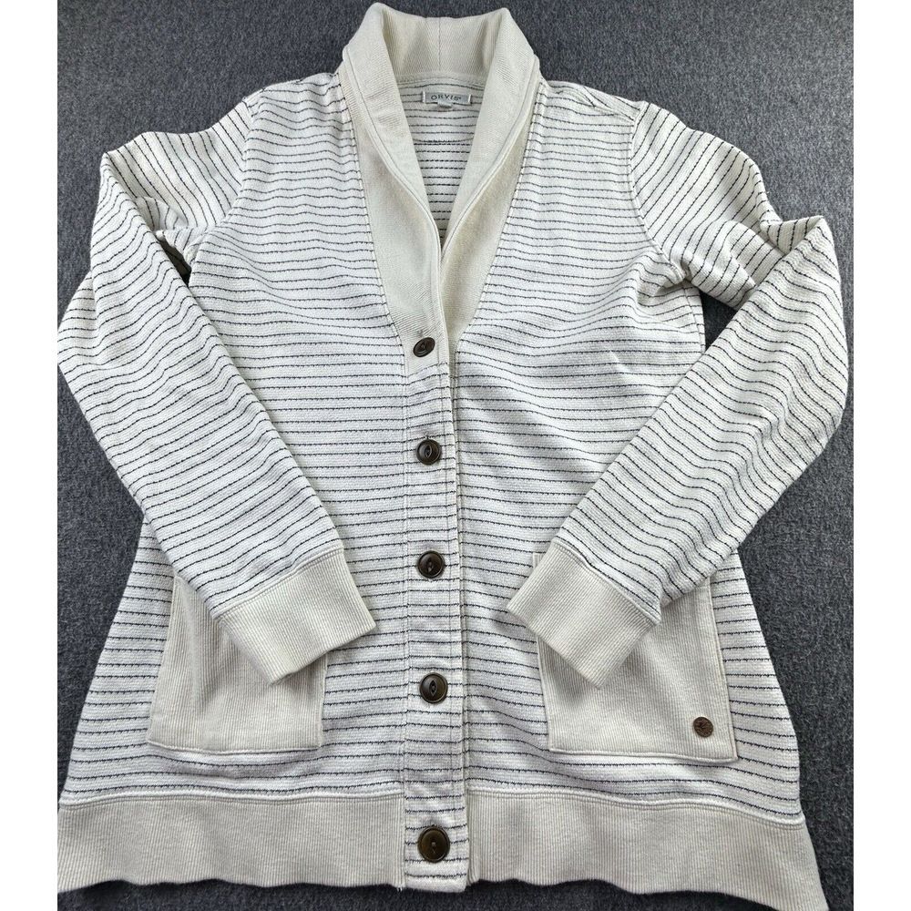 Orvis Sweater Womens Small Ivory Black Striped Cardigan Shawl Collar Button Up